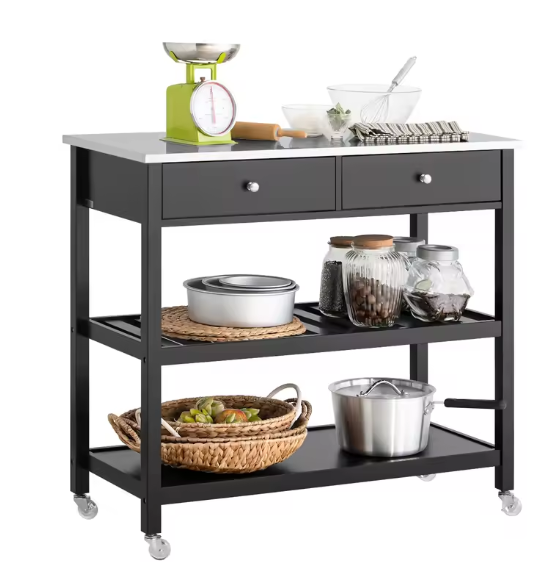 Keukenwagen met RVS Blad – 100 cm Trolley met Lades & Planken, Zwart