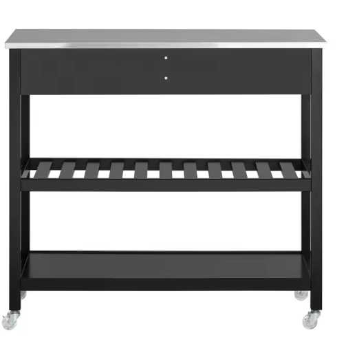 Keukenwagen met RVS Blad – 100 cm Trolley met Lades & Planken, Zwart