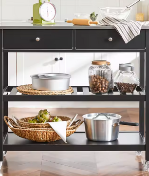 Keukenwagen met RVS Blad – 100 cm Trolley met Lades & Planken, Zwart