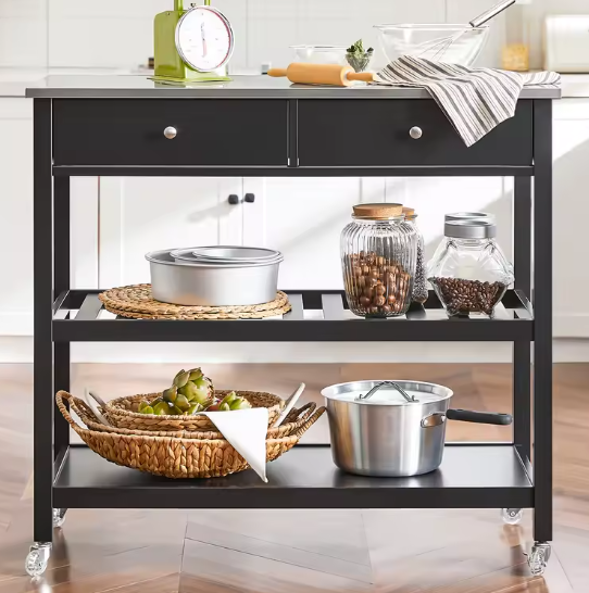 Keukenwagen met RVS Blad – 100 cm Trolley met Lades & Planken, Zwart