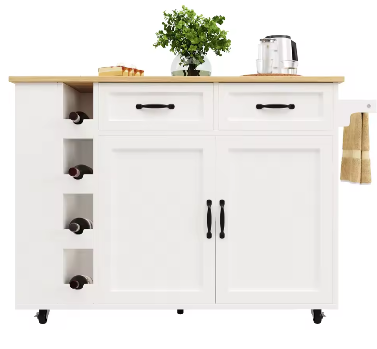 Multifunctioneel Keukeneiland met Stopcontact & Klapblad – Wit Houtlook