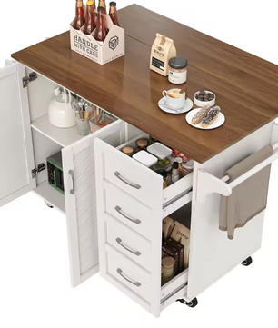 Keukentrolley met Klapblad & Kastdeuren – Wit Houtlook, 107 cm