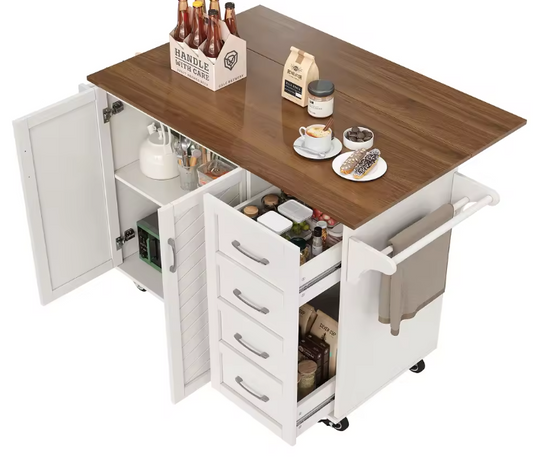 Keukentrolley met Klapblad & Kastdeuren – Wit Houtlook, 107 cm