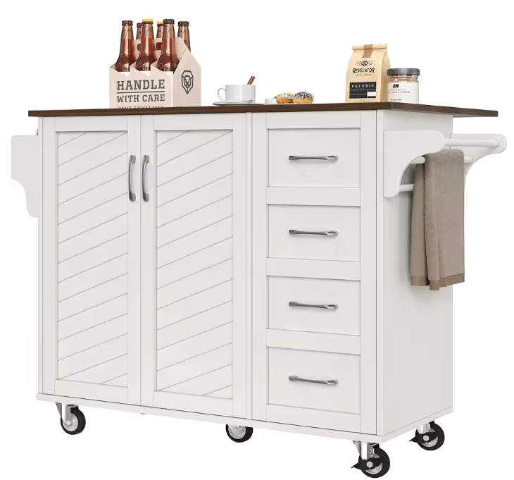 Keukentrolley met Klapblad & Kastdeuren – Wit Houtlook, 107 cm