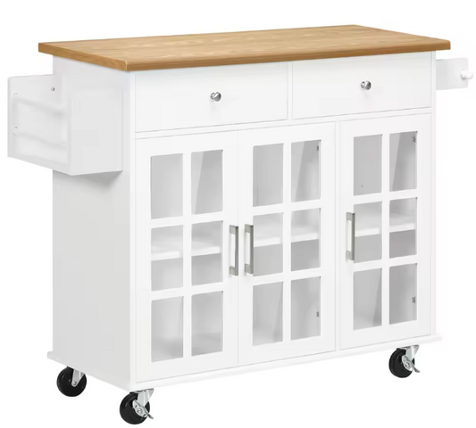 Keukenwagen met Glazen Deuren & Lades – Wit Houtlook 124,5 cm