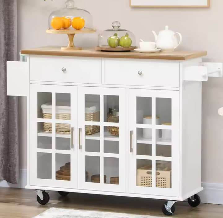 Keukenwagen met Glazen Deuren & Lades – Wit Houtlook 124,5 cm