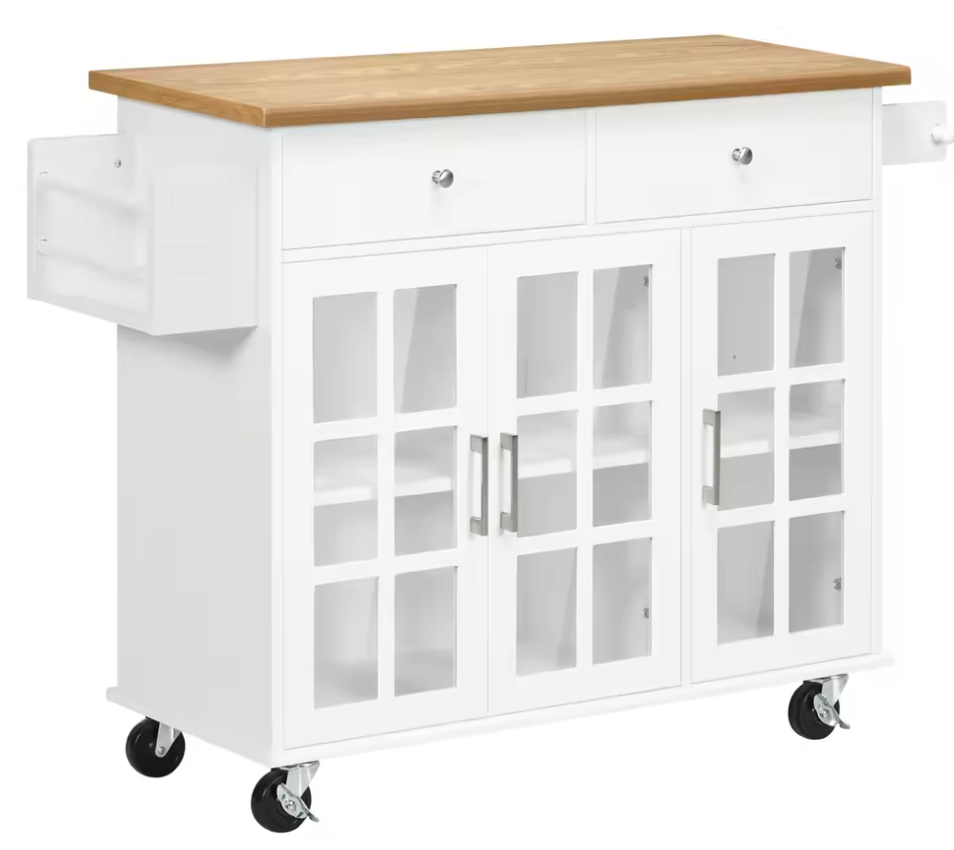 Keukenwagen met Glazen Deuren & Lades – Wit Houtlook 124,5 cm