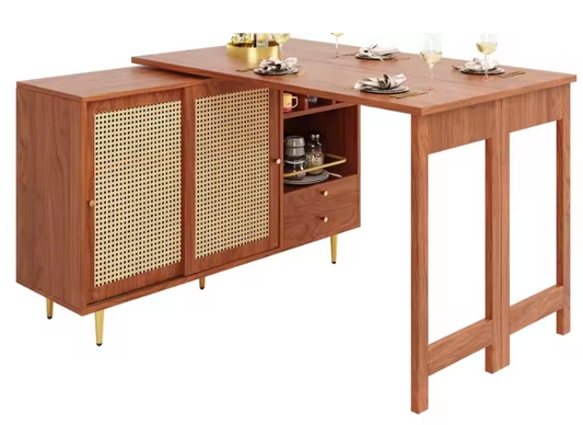 Draaibare Keukentafel met Rotan Kast & Opbergruimte – 107 cm