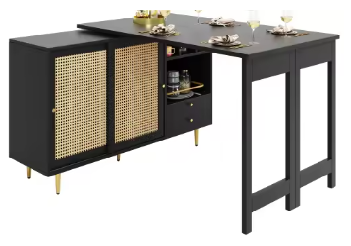 Draaibare Keukentafel met Rotan Kast & Opbergruimte – 107 cm