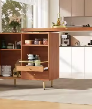 Draaibare Keukentafel met Rotan Kast & Opbergruimte – 107 cm