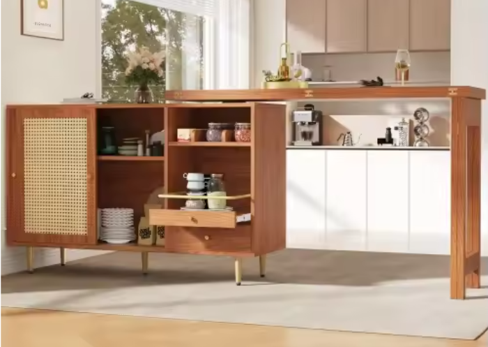 Draaibare Keukentafel met Rotan Kast & Opbergruimte – 107 cm