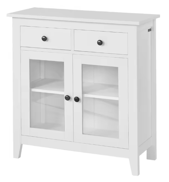 Wit Dressoir met 2 Lades en Glazen Deuren – 80 cm Breed