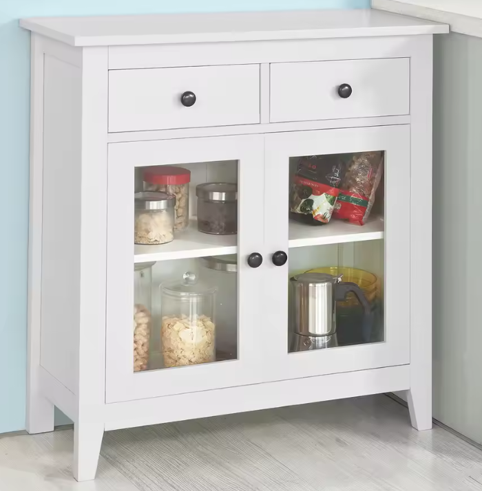 Wit Dressoir met 2 Lades en Glazen Deuren – 80 cm Breed