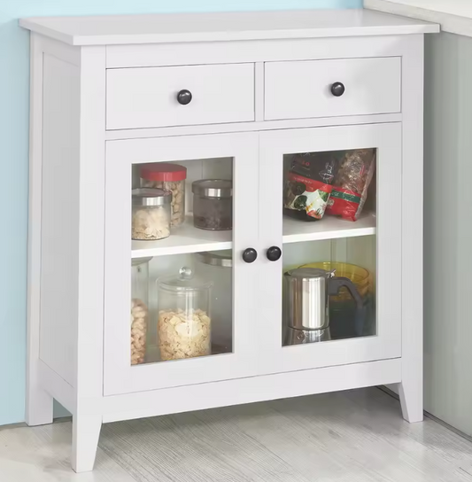 Wit Dressoir met 2 Lades en Glazen Deuren – 80 cm Breed