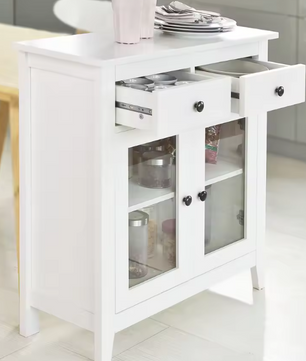 Wit Dressoir met 2 Lades en Glazen Deuren – 80 cm Breed
