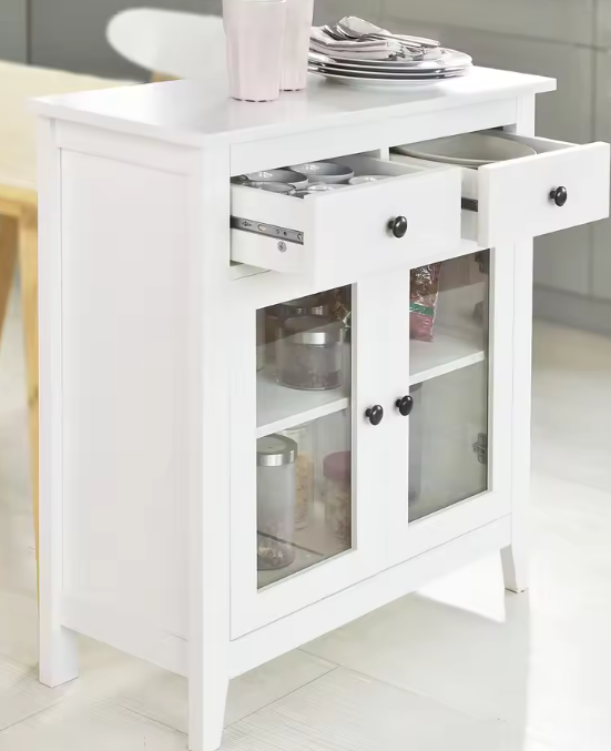Wit Dressoir met 2 Lades en Glazen Deuren – 80 cm Breed