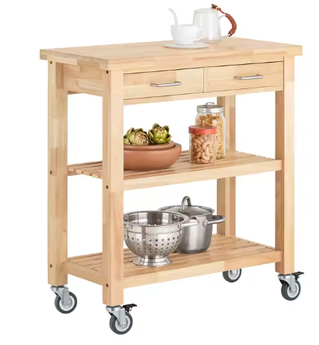 Keukentrolley van Rubberhout – 2 Lades & Open Planken, 80×40×90 cm