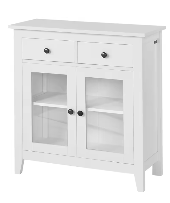 Wit Dressoir met 2 Lades & Glazen Deuren – 80 cm Breed