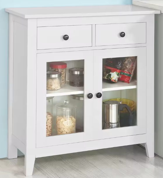 Wit Dressoir met 2 Lades & Glazen Deuren – 80 cm Breed