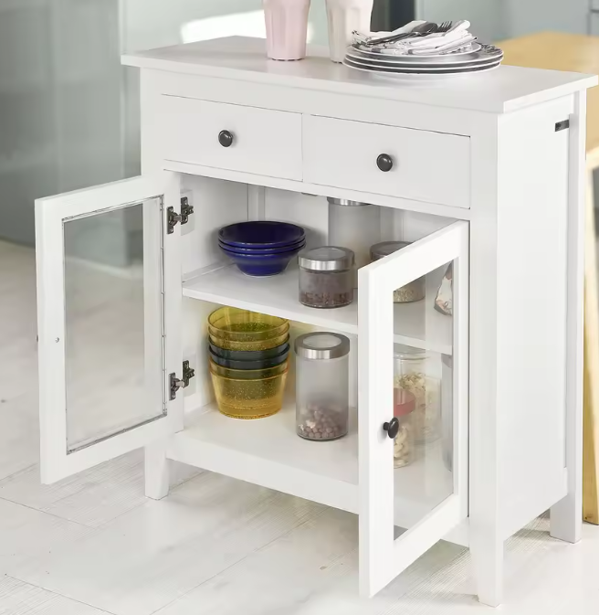 Wit Dressoir met 2 Lades & Glazen Deuren – 80 cm Breed