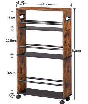 Smalle Keukentrolley met 4 Niveaus – 45×15×80 cm, Opbergrek op Wielen