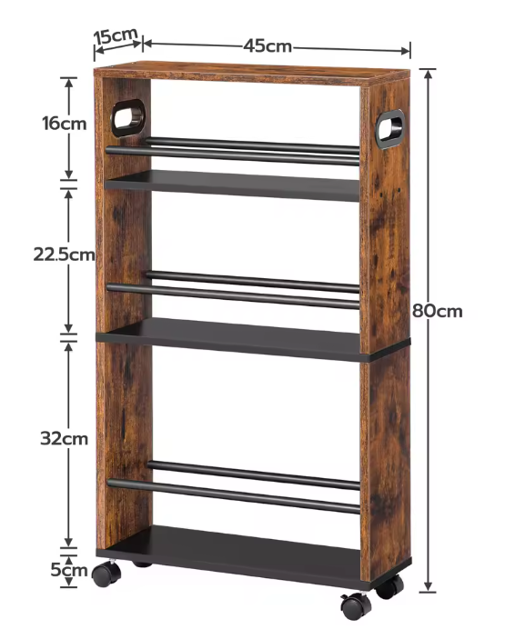 Smalle Keukentrolley met 4 Niveaus – 45×15×80 cm, Opbergrek op Wielen