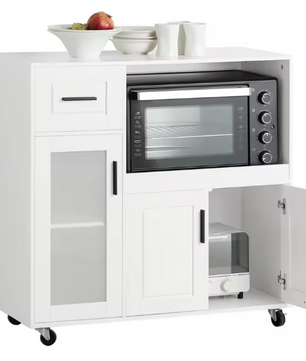Wit Dressoir op Wielen met Lade, Glazen Deur & Opbergruimte – 89 cm Hoog