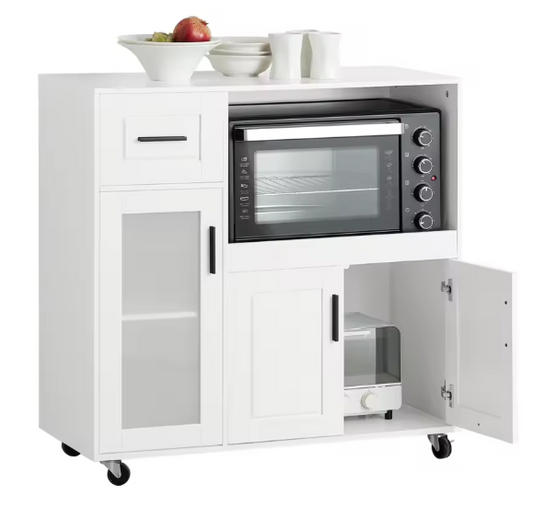 Wit Dressoir op Wielen met Lade, Glazen Deur & Opbergruimte – 89 cm Hoog
