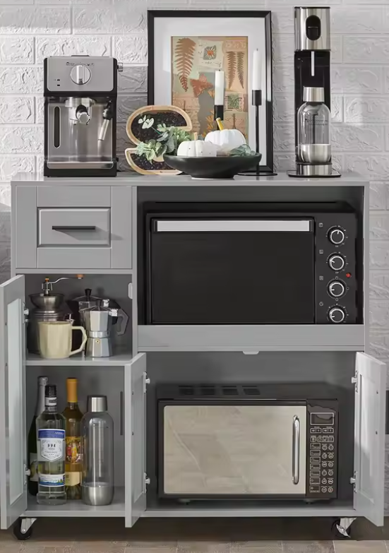 Wit Dressoir op Wielen met Lade, Glazen Deur & Opbergruimte – 89 cm Hoog