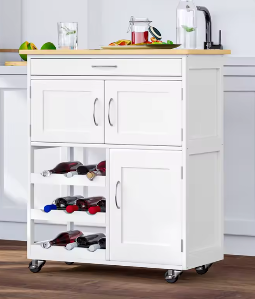 Keukenwagen met Lade, Kasten & Wijnrek – 67×37×87 cm, Op Wielen