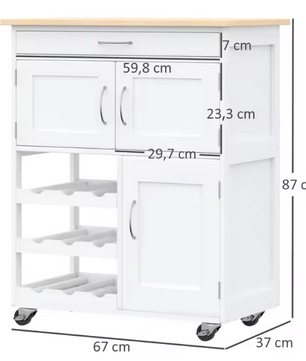 Keukenwagen met Lade, Kasten & Wijnrek – 67×37×87 cm, Op Wielen