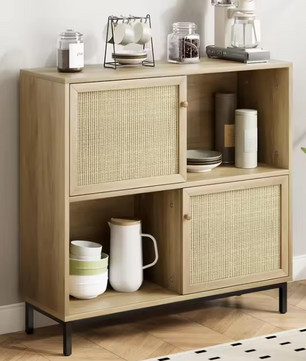 Rotan Dressoir met Schuifdeur – Buffetkast met 4 Open Vakken