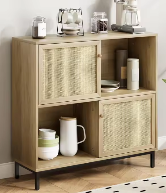 Rotan Dressoir met Schuifdeur – Buffetkast met 4 Open Vakken