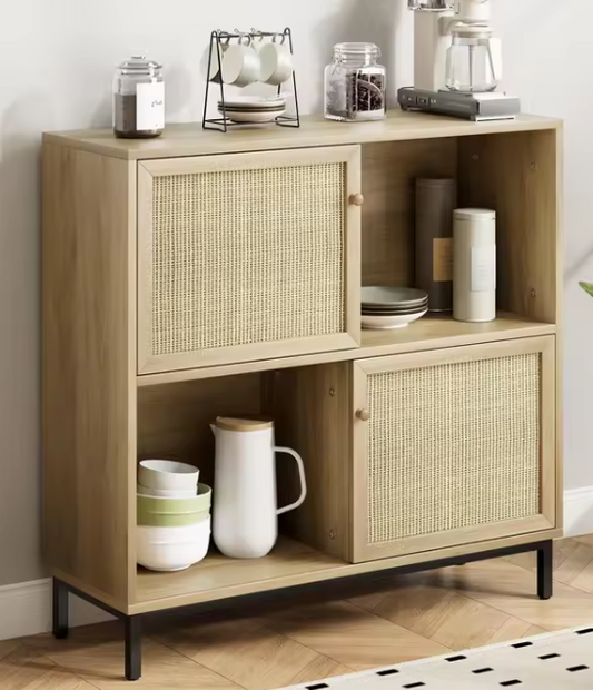 Rotan Dressoir met Schuifdeur – Buffetkast met 4 Open Vakken