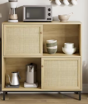 Rotan Dressoir met Schuifdeur – Buffetkast met 4 Open Vakken