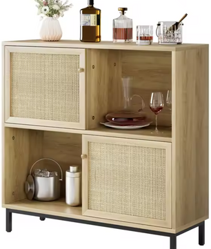 Rotan Dressoir met Schuifdeur – Buffetkast met 4 Open Vakken
