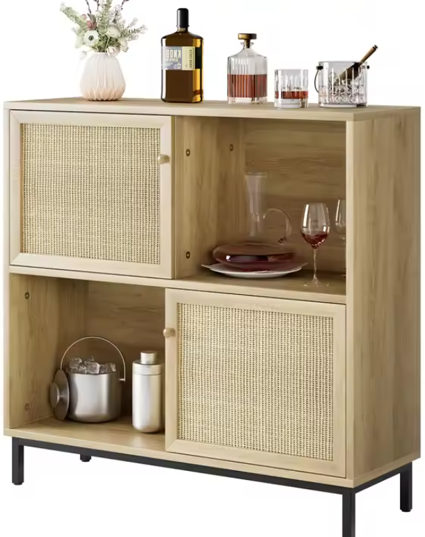 Rotan Dressoir met Schuifdeur – Buffetkast met 4 Open Vakken