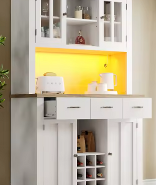 Hoge Keukenkast met LED – Buffetkast met Planken & Wijnrek