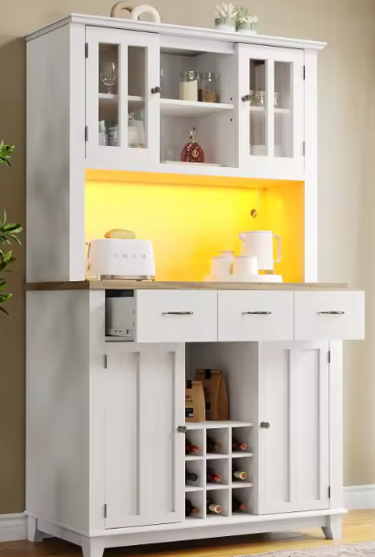 Hoge Keukenkast met LED – Buffetkast met Planken & Wijnrek