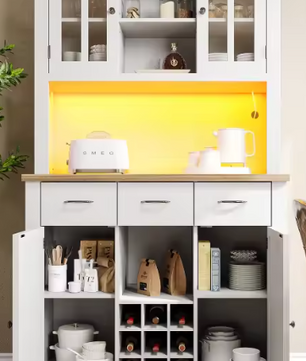 Hoge Keukenkast met LED – Buffetkast met Planken & Wijnrek