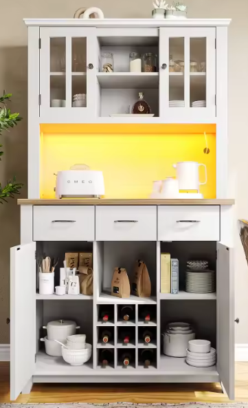 Hoge Keukenkast met LED – Buffetkast met Planken & Wijnrek