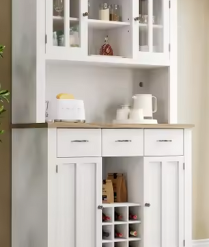Hoge Keukenkast met LED – Buffetkast met Planken & Wijnrek