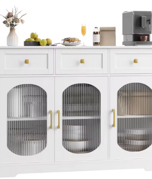 Wit Keukendressoir met Glazen Deuren – Kast met 3 Lades & Planken