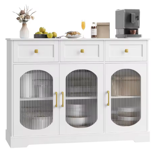 Wit Keukendressoir met Glazen Deuren – Kast met 3 Lades & Planken
