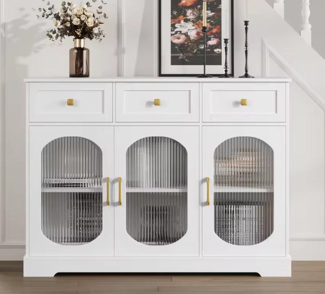 Wit Keukendressoir met Glazen Deuren – Kast met 3 Lades & Planken