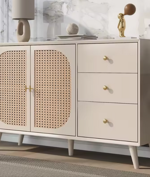 Modern Rotan Keukendressoir – 3 Lades & 2 Deuren, Off-White