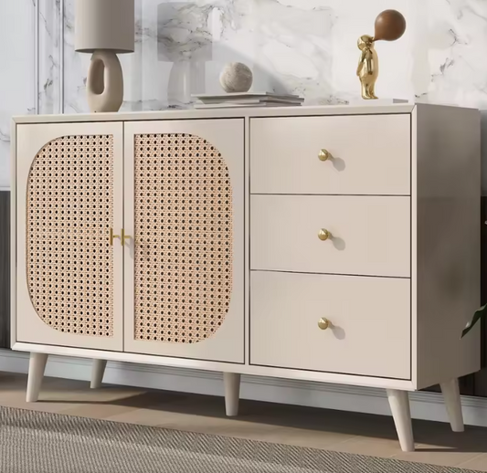 Modern Rotan Keukendressoir – 3 Lades & 2 Deuren, Off-White