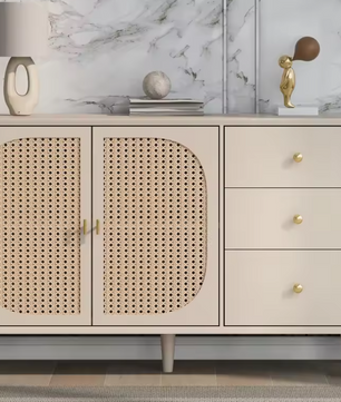 Modern Rotan Keukendressoir – 3 Lades & 2 Deuren, Off-White