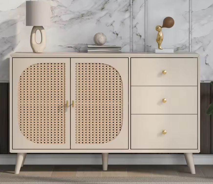 Modern Rotan Keukendressoir – 3 Lades & 2 Deuren, Off-White