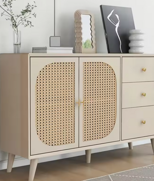 Modern Rotan Keukendressoir – 3 Lades & 2 Deuren, Off-White